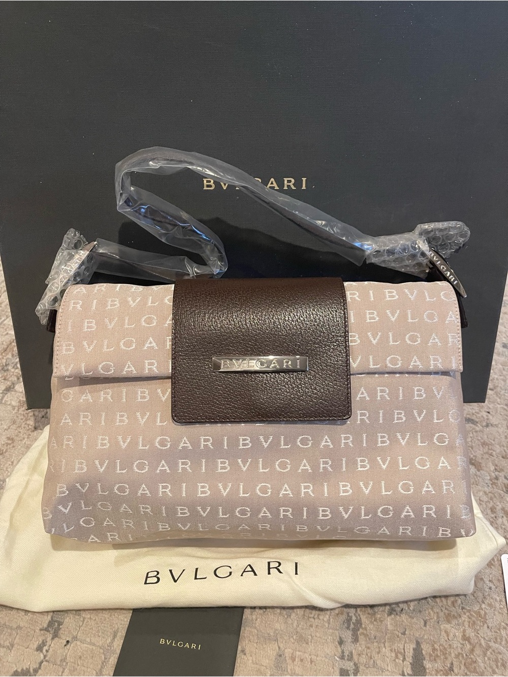 BVLGARI Beige Canvas Logo Shoulder Bag with Dark Brown Flap